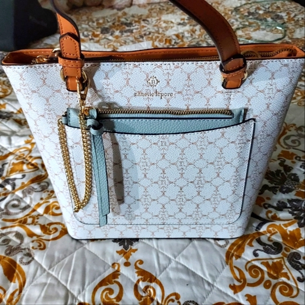 Nannette Lepore smaller Demi Tote with Baby Blue pouch and gold chain